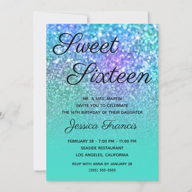 Invitation Sweet sixteen de Parties scintillant Turquoise Omb (Devant)