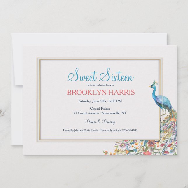 Invitation Sweet sixteen de Peacock fête d'anniversaire (Devant)