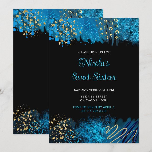 Invitation Sweet sixteen d'encre d'alcool bleu (Devant / Derrière)