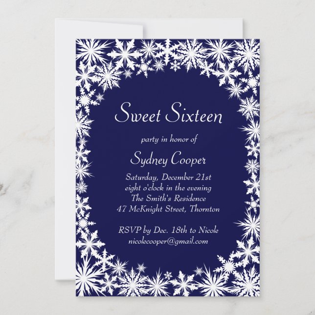 Invitation Sweet sixteen dentelle d'hiver -bleu (Devant)