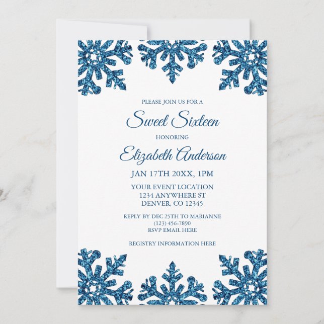 Invitation Sweet sixteen d'hiver Blue Snowflake (Devant)