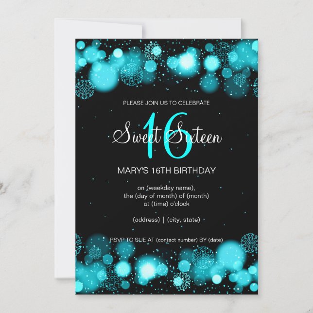 Invitation Sweet sixteen d'hiver Turquoise fête d'anniversair (Devant)