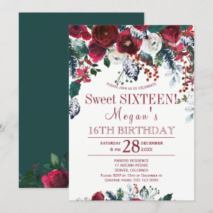 Invitation Sweet sixteen d'hiver vert de pin bordeaux floral