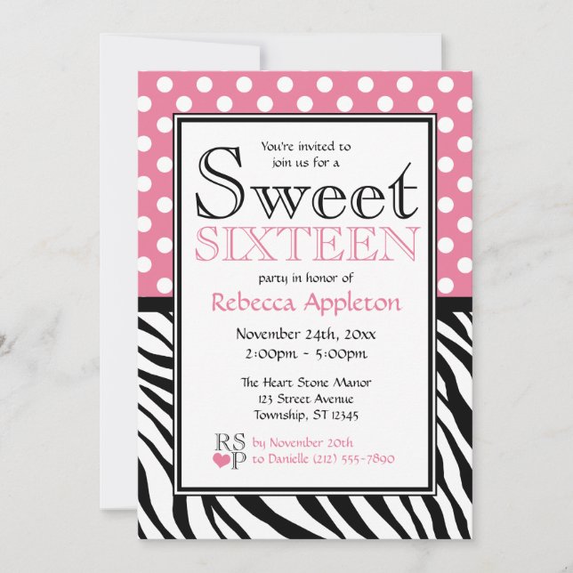 Invitation Sweet sixteen d'impression Polka Dot Rose et Zebra (Devant)