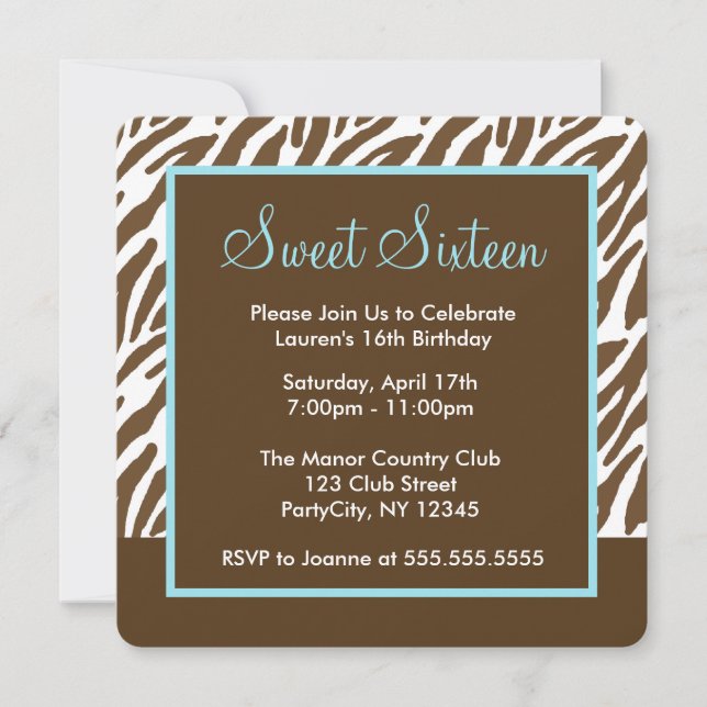 Invitation Sweet sixteen d'impression Zebra Brown (Devant)
