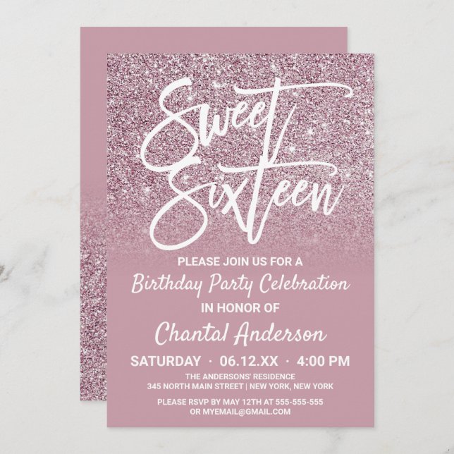 Invitation Sweet sixteen d'Ombre de Parties scintillant rose  (Devant / Derrière)