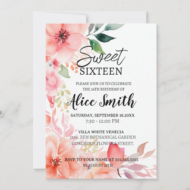 Invitation Sweet sixteen d'or rose rose rousse rustique (Devant)