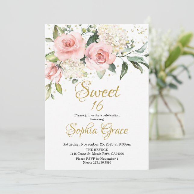Invitation Sweet sixteen d'or rose rose rousse rustique (Debout devant)