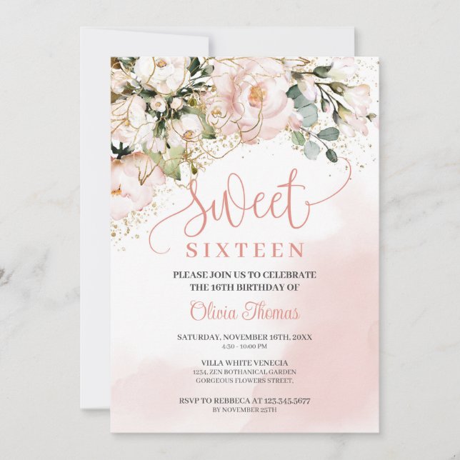Invitation Sweet sixteen d'or rose rose rousse rustique (Devant)