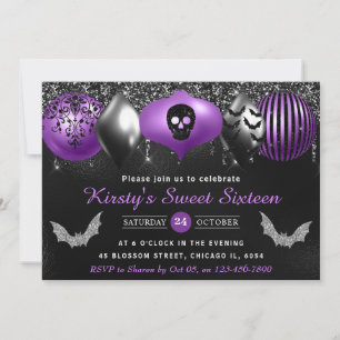 Invitation Sweet sixteen d'ornements d'Halloween noir et viol