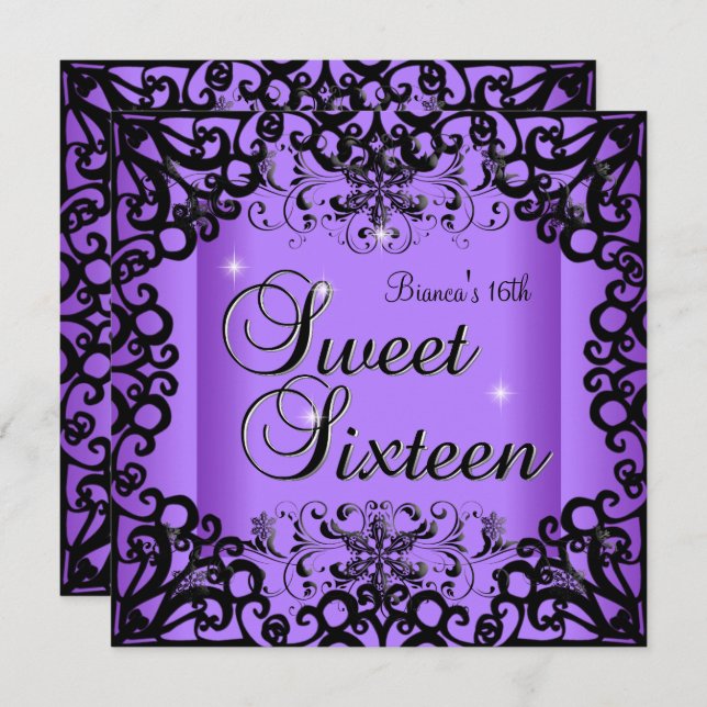 Invitation Sweet sixteen doux 16 Anniversaire Noir pourpre (Devant / Derrière)