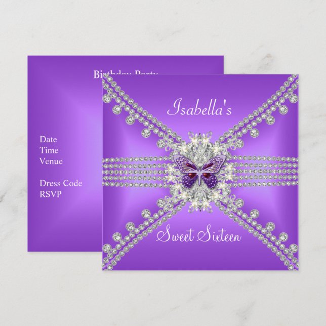 Invitation Sweet sixteen doux 16 papillon Lilac Pearl 2 (Devant / Derrière)