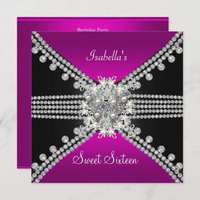 Invitation Sweet sixteen doux 16 papillon rose chaud noir (Devant / Derrière)
