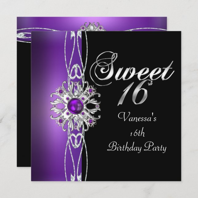 Invitation Sweet sixteen doux 16 violet argent noir (Devant / Derrière)