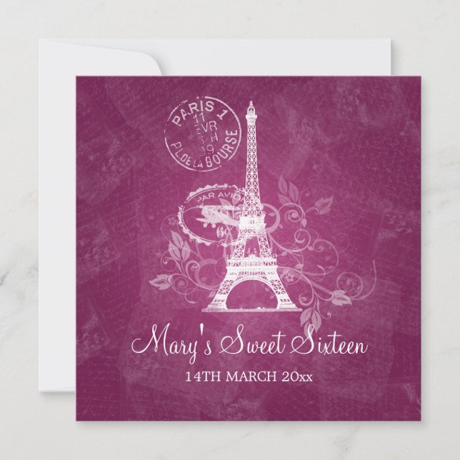 Invitation Sweet sixteen du Paris romantique rose (Devant)