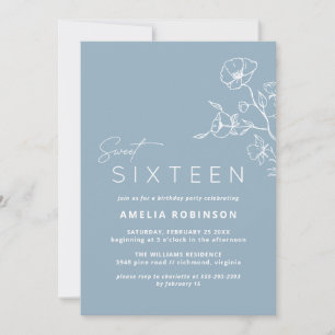 Invitation Sweet sixteen Dusty Blue Airy Floral 16e anniversa