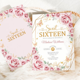 Invitation Sweet sixteen Élégant Chic Rose Roses Or