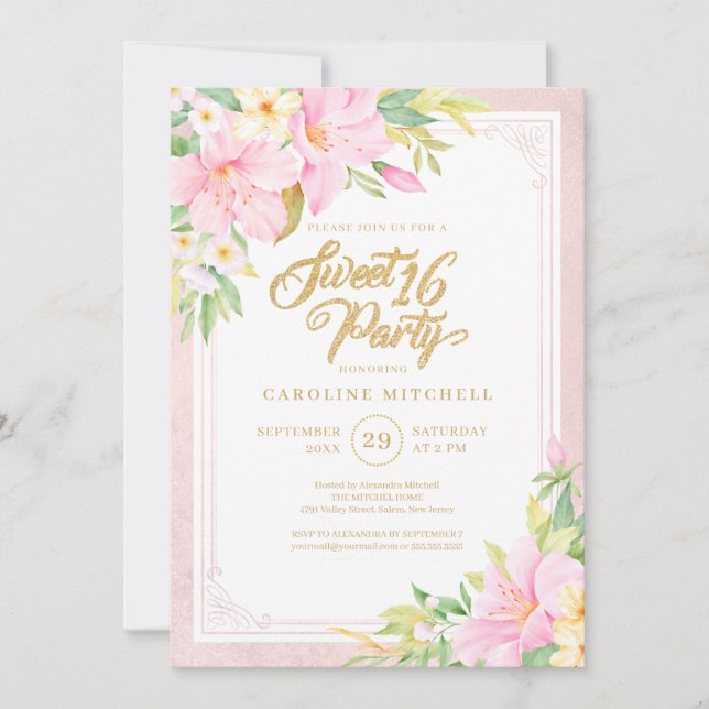 Invitation Sweet sixteen Elégant Floral Aquarelle rose pâle (Devant)