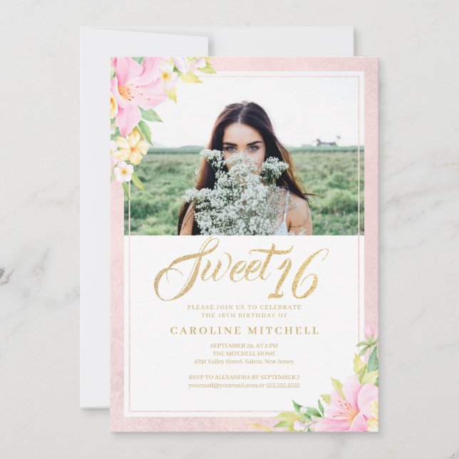 Invitation Sweet sixteen Elégant Floral Blush Pink Photo (Devant)