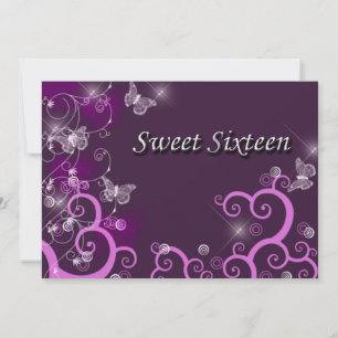 Invitation Sweet sixteen Elégant Tourbillons Papillons Violet