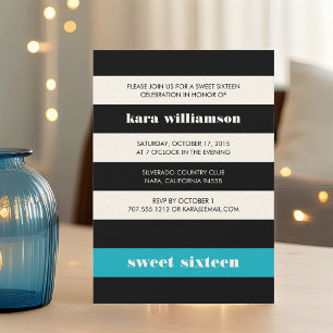 Invitation Sweet sixteen en bande moderne noir et turquoise