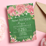 Invitation Sweet sixteen en bois d'écorce de printemps<br><div class="desc">Sweet sixteen rustique de style champêtre / 16ème anniversaire soirée élégante modèle d'invitation sur bois vif émeraude vert grange avec de grands roses de pivoine rose et des cordes de lumières scintillantes. Remplissez vos informations dans les zones, Vous pouvez choisir de le customiser en changeant encore les polices et les...</div>
