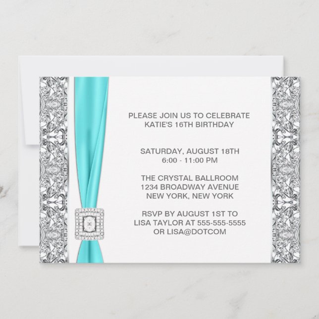 Invitation Sweet sixteen en dentelle d'argent bleu turquoise (Devant)