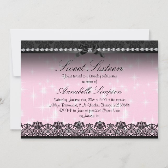Invitation Sweet sixteen en dentelle rose et noire (Devant)