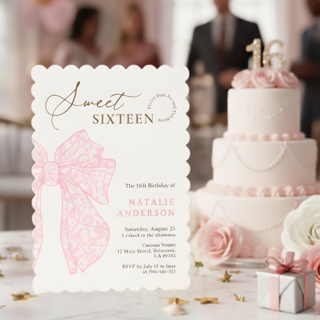 Invitation Sweet sixteen en dentelle rose florale (Girly Script Pink Floral Lace Bow Sweet Sixteen Invitation)