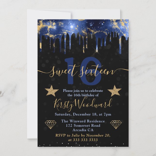 Invitation Sweet sixteen en marbre bleu et goid Galaxy (Devant)