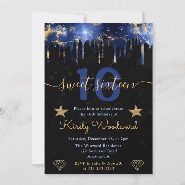 Invitation Sweet sixteen en marbre bleu et or Galaxy (Devant)