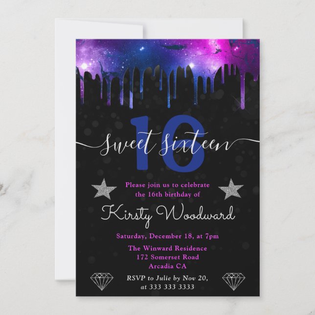Invitation Sweet sixteen en marbre bleu et violet de galaxie (Devant)