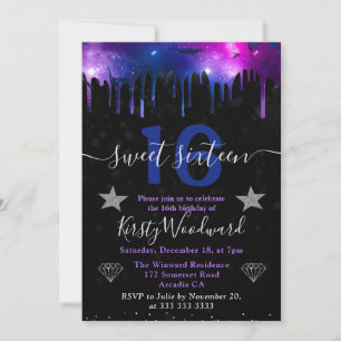 Invitation Sweet sixteen en marbre bleu et violet en galaxie