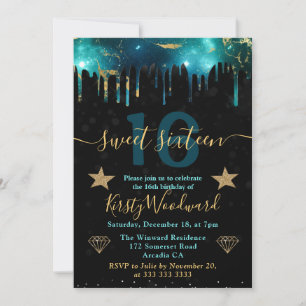 Invitation Sweet sixteen en marbre de galaxie verte et dorée
