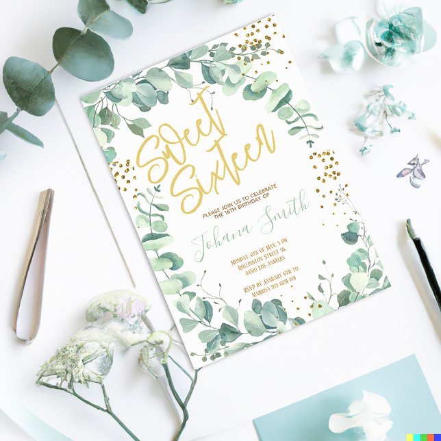 Invitation Sweet sixteen Eucalyptus Gold Anniversaire Invitat (Créateur téléchargé)
