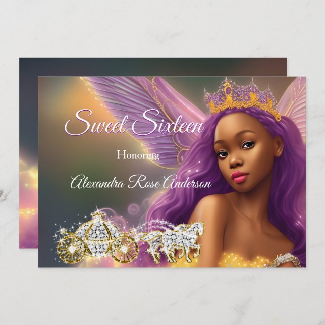 Invitation Sweet sixteen Fairytale Purple Pink Gold Carrie (Devant / Derrière)