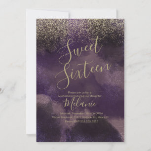 Invitation Sweet Sixteen Faux Pailleté Anniversaire Violet Or