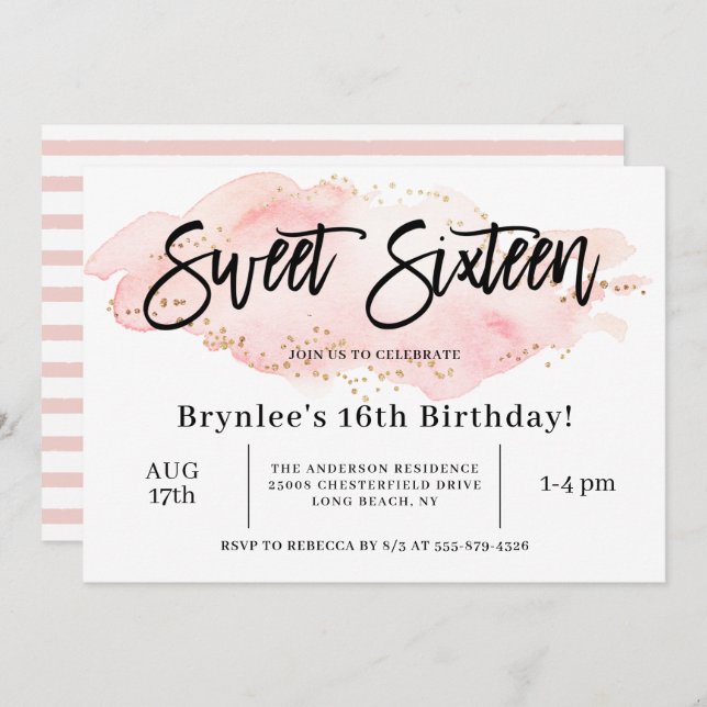 Invitation Sweet sixteen fête du 16e anniversaire (Devant / Derrière)