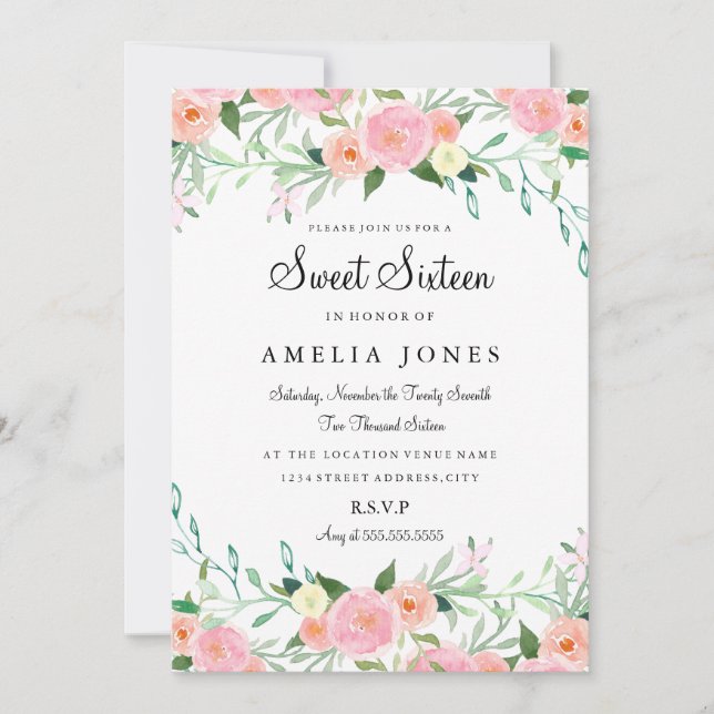 Invitation Sweet sixteen Fleur Aquarelle rose Peach Invitatio (Devant)