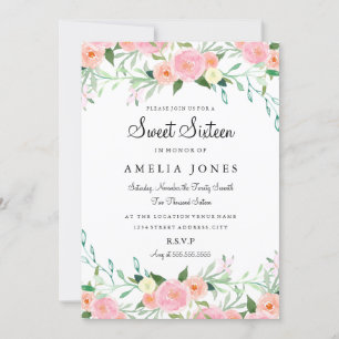 Invitation Sweet sixteen Fleur Aquarelle rose Peach Invitatio