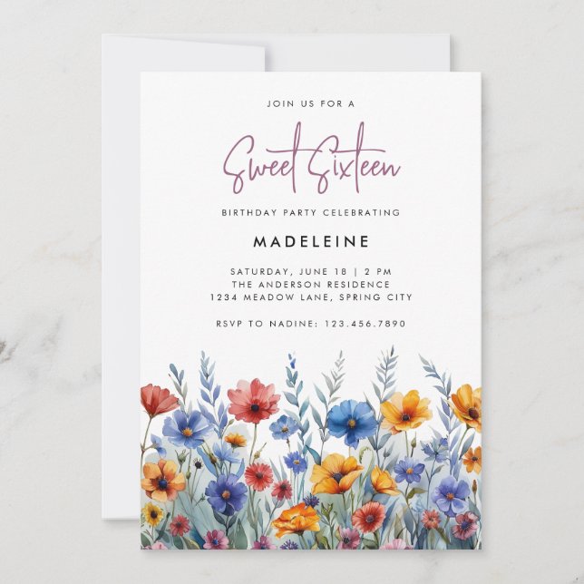 Invitation Sweet sixteen Fleur sauvage coloré Boho moderne (Devant)