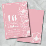 Invitation Sweet sixteen Fleurs sauvages 16e anniversaire<br><div class="desc">Voici une invitation chic et élégante à la fête d'anniversaire de Sweet sixteen, parfaite pour célébrer avec style les 16 ans. Le design présente un heureux arrière - plan rose pâle, presque comme un rose roux foncé, avec un art délicat à la ligne de fleurs d'anémone courant sur le côté...</div>