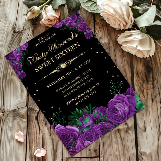 Invitation Sweet sixteen floral à la frontière violette Rose (Créateur téléchargé)