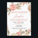 Invitation Sweet sixteen floral à pâte Rose poussiéreuse<br><div class="desc">Élégant printemps ou été doux invitation à 16 ans avec un cadre rose de jardin peint à la main de rose roux, rouge rouille pâle, crème acajou et fleurs beige tan avec feuillage sur un arrière - plan blanc propre. Facile à personnaliser avec vos détails ! Convient pour un printemps,...</div>