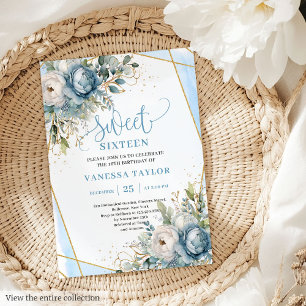 Invitation Sweet sixteen floral blanc bleu pastel tendance