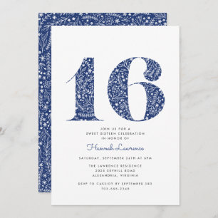 Invitation Sweet sixteen floral bleu marine