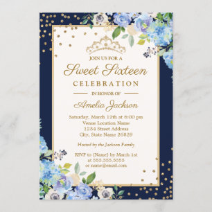 Invitation Sweet sixteen floral bleu or