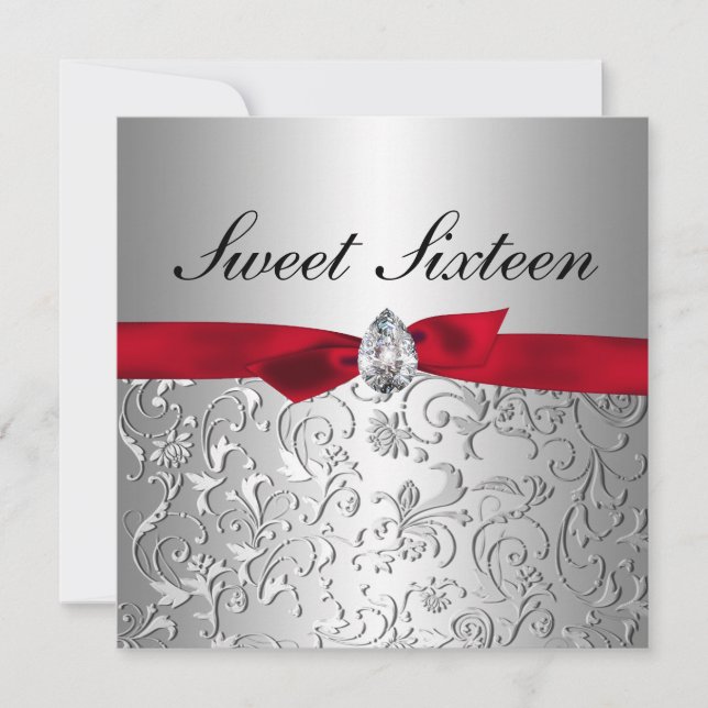 Invitation Sweet sixteen floral de motif d'argent rouge de (Devant)