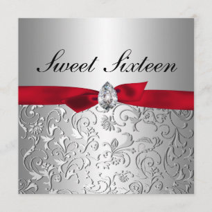 Invitation Sweet sixteen floral de motif d'argent rouge de