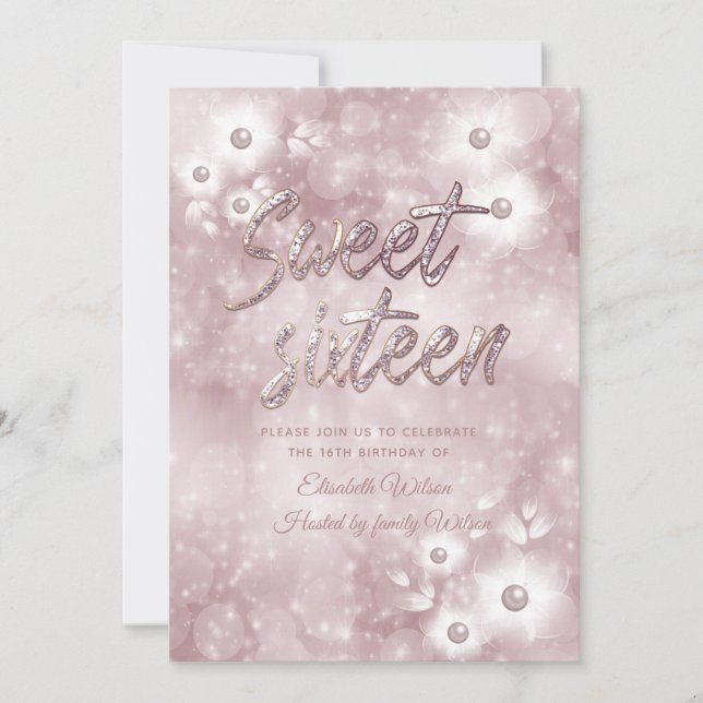 Invitation Sweet sixteen floral en perle bokeh élégant (Devant)